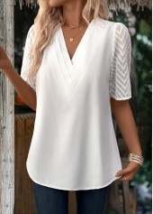 Patchwork V Neck Half Sleeve White Blouse