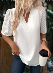 Patchwork V Neck Half Sleeve White Blouse