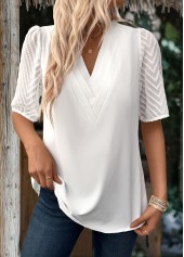 Patchwork V Neck Half Sleeve White Blouse