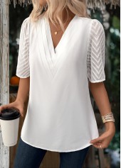 Patchwork V Neck Half Sleeve White Blouse