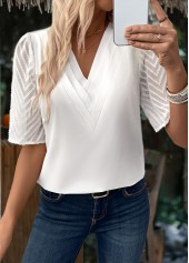 Patchwork V Neck Half Sleeve White Blouse