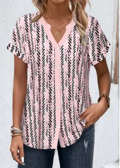 Geometric Print Button Light Pink Split Neck Blouse