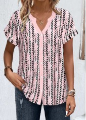 Geometric Print Button Light Pink Split Neck Blouse