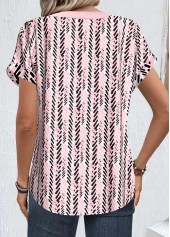 Geometric Print Button Light Pink Split Neck Blouse