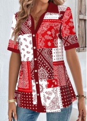 Short Sleeve Patchwork Red Shirt Collar Blouse