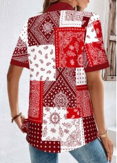 Short Sleeve Patchwork Red Shirt Collar Blouse