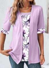 Light Purple Patchwork Plus Size Fake Two Piece Twinset