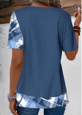 Geometric Print Patchwork Denim Blue T Shirt