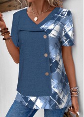 Geometric Print Patchwork Denim Blue T Shirt