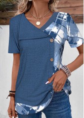 Geometric Print Patchwork Denim Blue T Shirt