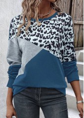 Leopard Patchwork Dusty Blue Round Neck Sweatshirt