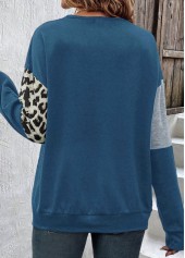Leopard Patchwork Dusty Blue Round Neck Sweatshirt
