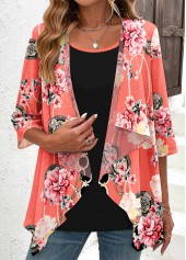 Floral Print Fake 2in1 Peach Red Blouse