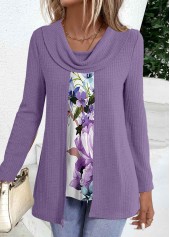 Floral Print Purple Long Sleeve Fake Two Piece Twinset
