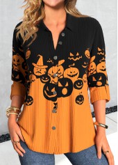 Halloween Orange Plus Size Button Pumpkin Print Shirt