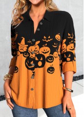 Halloween Orange Plus Size Button Pumpkin Print Shirt