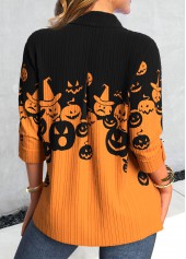 Halloween Orange Plus Size Button Pumpkin Print Shirt