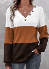 Dark Coffee V Neck Long Sleeve Patchwork Sweatshirt