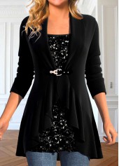 Plus Size Black Fake 2in1 Long Sleeve Blouse