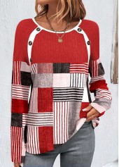 Geometric Print Button Red Round Neck T Shirt