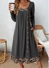 Leopard Tummy Coverage Dark Grey Long Sleeve Dress