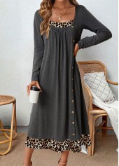 Leopard Tummy Coverage Dark Grey Long Sleeve Dress