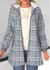 Plaid Zipper Dusty Blue Long Sleeve Hooded Coat