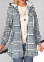 Plaid Zipper Dusty Blue Long Sleeve Hooded Coat