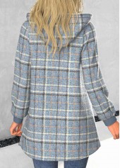 Plaid Zipper Dusty Blue Long Sleeve Hooded Coat