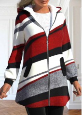 Geometric Print Pocket Wine Red Long Sleeve Hooded Coat