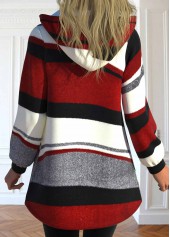 Geometric Print Pocket Wine Red Long Sleeve Hooded Coat