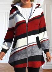 Geometric Print Pocket Wine Red Long Sleeve Hooded Coat