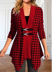 Plaid Patchwork Wine Red Long Sleeve Coat
