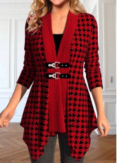 Plaid Patchwork Wine Red Long Sleeve Coat