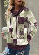 Geometric Print Patchwork Sage Green Long Sleeve Sweatshirt