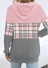 Plaid Patchwork Light Pink Long Sleeve Hoodie