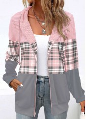 Plaid Patchwork Light Pink Long Sleeve Hoodie