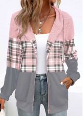 Plaid Patchwork Light Pink Long Sleeve Hoodie