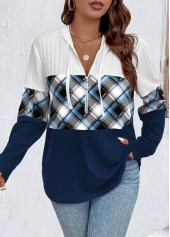 Navy Plus Size Zipper Plaid Long Sleeve Hoodie