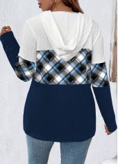 Navy Plus Size Zipper Plaid Long Sleeve Hoodie