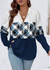Navy Plus Size Zipper Plaid Long Sleeve Hoodie