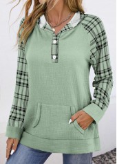 Plaid Pocket Sage Green Long Sleeve Hoodie