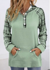 Plaid Pocket Sage Green Long Sleeve Hoodie