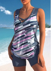 Mid Waisted Graffiti Print Drawstring Dark Grey Tankini Set