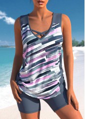 Mid Waisted Graffiti Print Drawstring Dark Grey Tankini Set