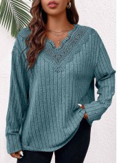 Dusty Blue Plus Size Patchwork Long Sleeve T Shirt