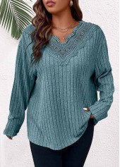 Dusty Blue Plus Size Patchwork Long Sleeve T Shirt