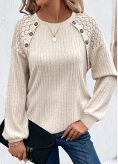 Button Beige Long Sleeve Round Neck T Shirt