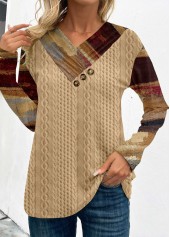 Graffiti Print Patchwork Light Camel Long Sleeve Sweatshirt