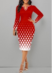 Plus Size Geometric Print Split Red Bodycon Dress